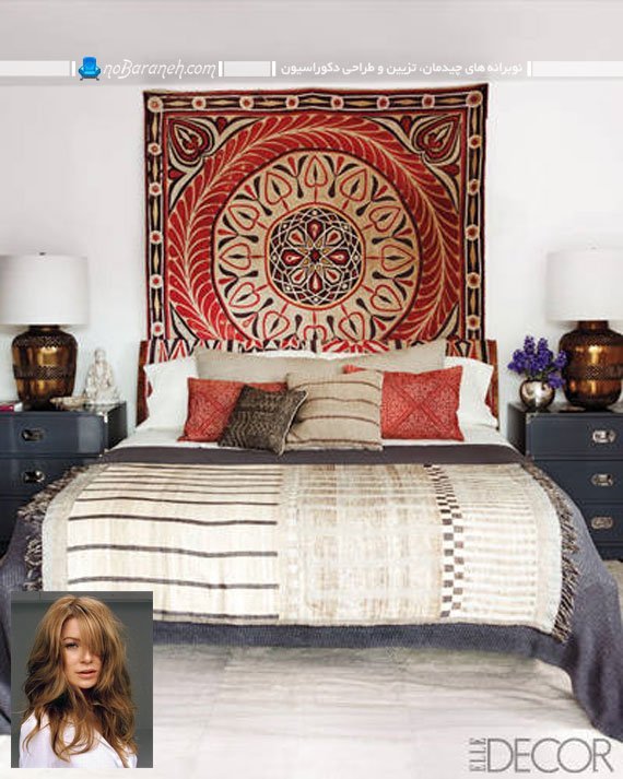 طراحی دکوراسیون مراکشی اتاق خواب. تزیین دیوار اتاق خواب با قالی و گلیم