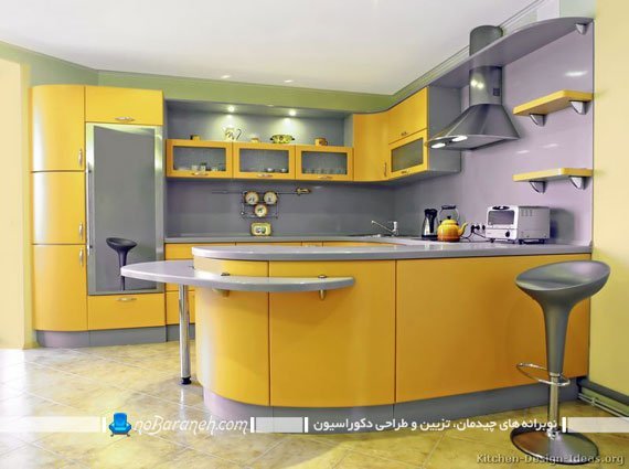 دیزاین آشپزخانه با زرد و بنفش