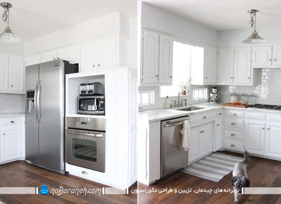 لوازم برقی سیلور و نقره ای در کنار کابینت های سفید. دکوراسیون آشپزخانه با سفید و نقره ای