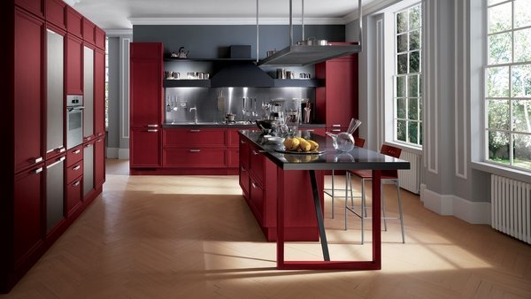 دیزاین آشپزخانه اپن با رنگ زرشکی. طراحی آشپزخانه با رنگ زرشکی