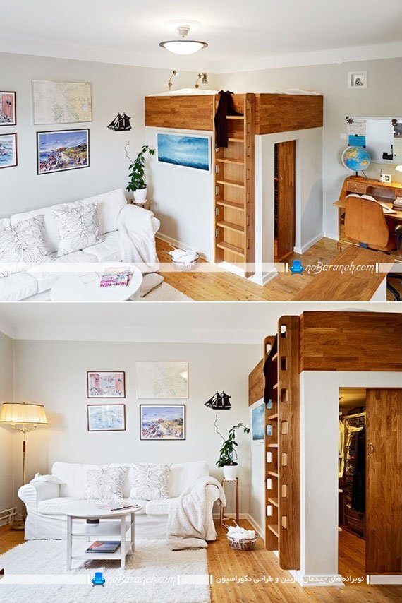 چیدمان و نصب تخت خواب در ارتفاع. انتقال سرویس خواب از کف به سقف در خانه های کوچک (تخت کمجا)