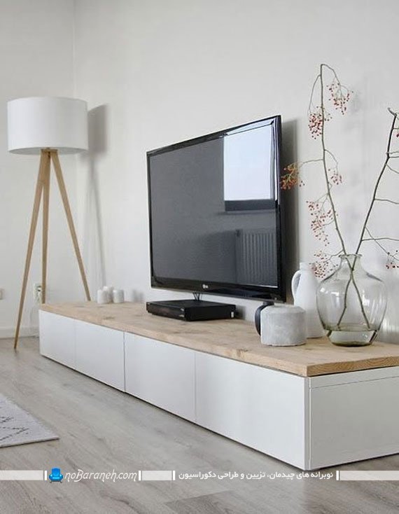 استفاده از باکس چوبی بعنوان میز تلویزیون باکس چوبی برای زیر تلویزیون دیواری
