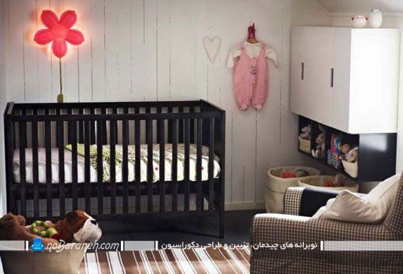 تزیین اتاق نوزاد دختر با سیاه و سفید. دکوراسیون شیک اتاق نوزاد دختر. مدل مبل اتاق نوزاد ایکیا