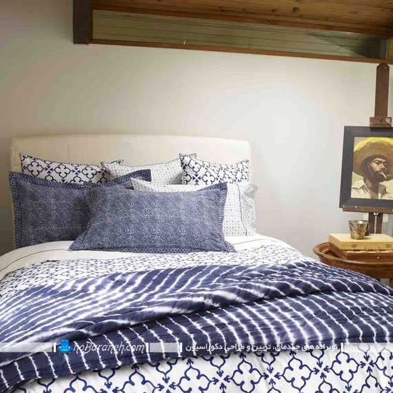 طراحی دکوراسیون اتاق خواب با آبی. روتختی و روبالشی آبی رنگ