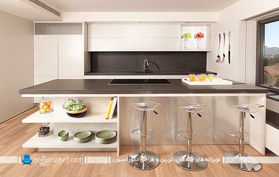 دکوراسیون مینیمالیستی آشپزخانه. طراحی شیک و مدرن کابینت آشپزخانه با رنگ سفید. دکوراسیون آشپزخانه اپن با هزینه کم و مدرن و زیبا شیک با طرح جدید. دکوراسیون آشپزخانه مینیمال کابینت مینیمال چیست