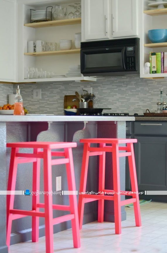 نیمکت چوبی با رنگ صورتی. صندلی چوبی برای اپن آشپزخانه در مدل های جدید و شیک مدرن کلاسیک چوبی 