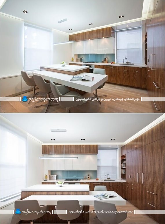میز اپن آشپزخانه با طراحی ال مانند. مدل های جدید دکوراسیون آشپزخانه مدرن. مدل کابینت ام دی اف آشپزخانه به شکل ال.