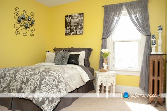 دیوارهای زرد رنگ برای اتاق خواب. دکوراسیون اتاق خواب های زیبا. طراحی و تزیین اتاق خواب با زرد و خاکستری. 