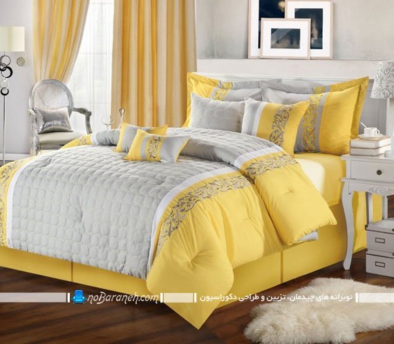 تزیین تخت خواب با زرد و خاکستری. روتختی زرد رنگ برای سرویس عروس. دیزاین اتاق عروس با زرد و خاکستری