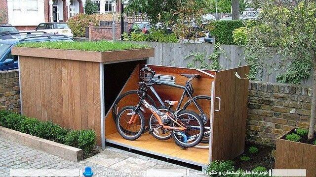 طراحی و ساخت پارکینگ برای دوچرخه ها در فضای خارجی خانه، پارکینگ چوبی سرپوشیده برای قرار دادن و پارک دوچرخه ها در حیاط خانه و محافظت در برابر باد و باران و سرقت