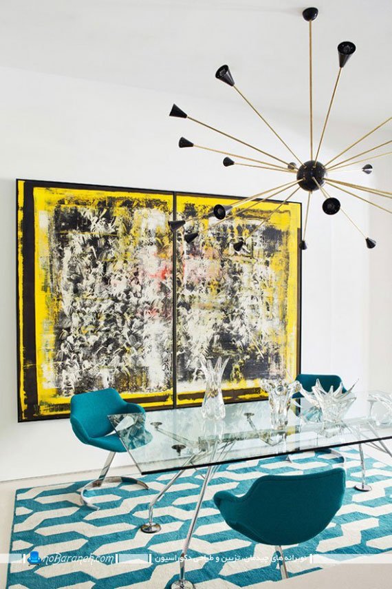 دیزاین اتاق ناهارخوری با آبی و فسفری. ترکیب رنگی اتاق ناهارخوری با آبی و زرد. کوراسیون شیک اتاق ناهارخوری