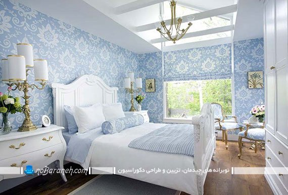 هارمونی رنگ آبی در اتاق خواب عروس. دکوراسیون اتاق خواب سلطنتی با رنگ آبی. طراحی و تزیین شیک اتاق خواب عروس