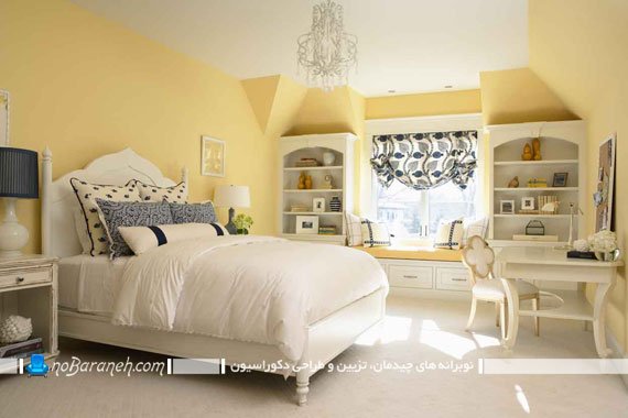 رنگ زرد در اتاق خواب عروس کلاسیک و سلطنتی. تزیین دیوارهای اتاق خواب با رنگ کرم و زرد. عکس اتاق خواب کلاسیک و شیک سلطنتی