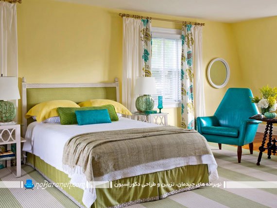 دیزاین اتاق خواب با رنگ زرد / عکس. دکوراسیون اتاق خواب زرد و آبی. طراحی شیک اتاق خواب عروس با رنگ زرد و فسفری