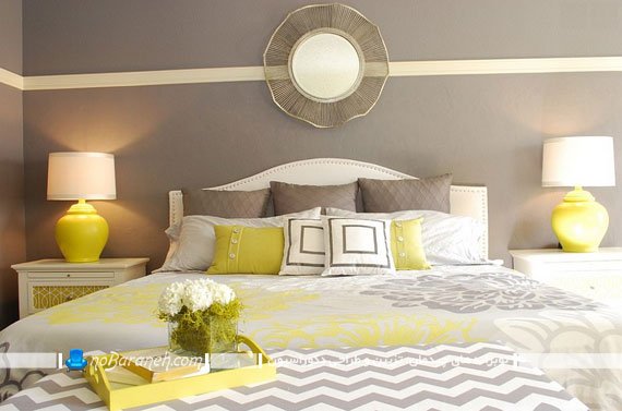 تزیینات زرد رنگ و لیمویی رنگ برای دکوراسیون اتاق عروس دکوراسیون کلاسیک اتاق خواب عروس داماد با رنگ زرد خاکستری