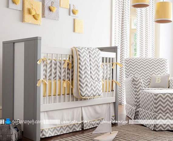 تزیین اتاق کودک با طرح راه راه خاکستری رنگ عکس دیزاین شیک و مدرن اتاق نوزاد و بچه ها