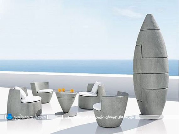 مدل مبلمان فضای باز حصیری. مبل فضای بیرونی کوچک با جنس حصیری. مدل های شیک مبل و صندلی راحتی برای فضای باز حیاط بالکن آلاچیق