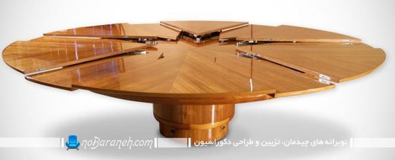 میز ناهارخوری گرد چوبی و کمجا. میز ناهار خوری با قابلیت تغییر ابعاد برای خانه آپارتمانی کوچک. مدل های جدید میز نهارخوری چوبی گرد دایره. میز ناهار خوری دایره ای گرد چوبی کلاسیک