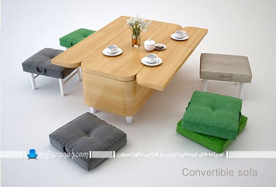 کاناپه و میز کمجا و تاشو. میز ناهارخوری کوچک چوبی. میز قهوه خوری چوبی شیک مدرن فانتزی کمجا