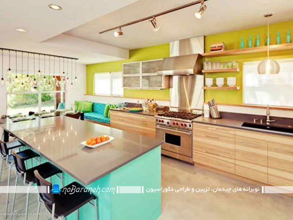 دکوراسیون آشپزخانه با رنگ آمیزی سبز و کابینت های کرم. رنگ آمیزی و دکوراسیون آشپزخانه با سبز و فسفری. مدل های جدید کابینت آشپزخانه