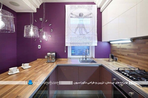 طراحی دکوراسیون آشپزخانه با سفید و بنفش. مدل کابینت های مدرن سفید و بنفش. مدلهای تزیین آشپزخانه با سفید و بنفش