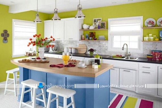 رنگ آمیزی آشپزخانه با آبی و سبز. دکوراسیون شیک آشپزخانه کلاسیک با رنگ آبی و سبز. دیوار سبز رنگ برای آشپزخانه