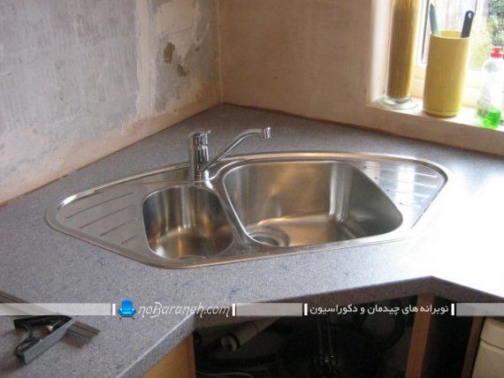 سینک فلزی و استیل با لگن و میوه شور. سینک ظرفشویی برای نصب در کنج آشپزخانه. مدل هایی جدید و کوچک سینک ظرفشویی کنجی ال کوچک گوشه ای
