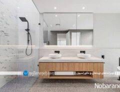 عکس مدلهای تزیین سرویس بهداشتی با سفید و طرح چوبی