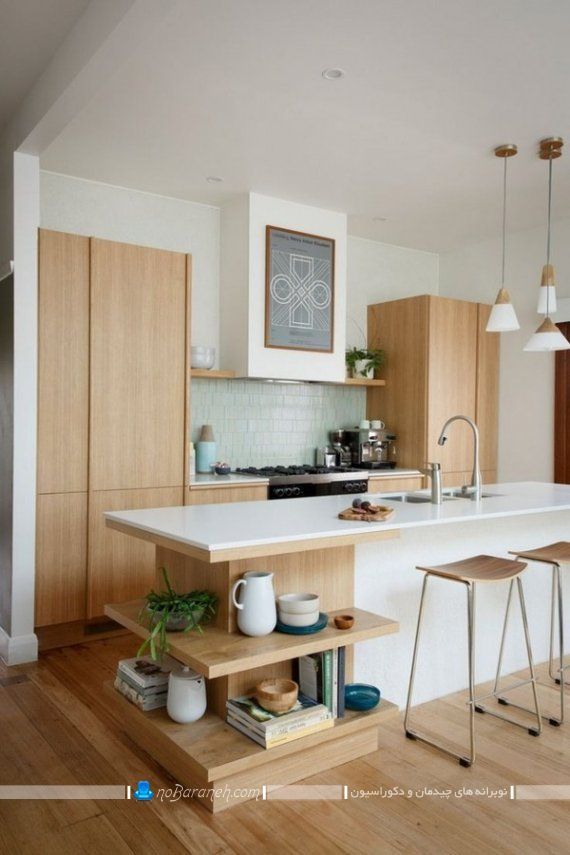 اپن آشپزخانه جزیره آشپزخانه چوبی شیک مدرن زیبا. طرح جدید و شیک میز اپن و جزیره ویترین دار