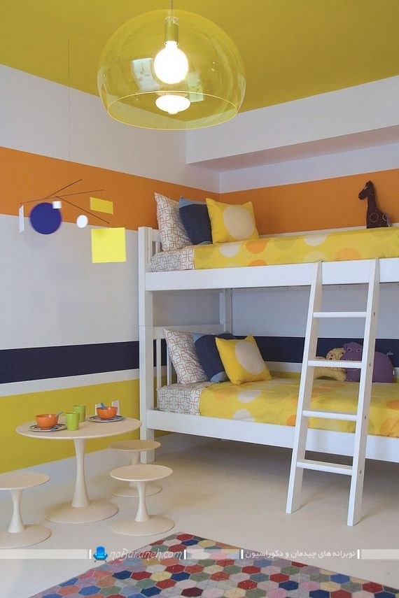 تزیین اتاق بچه ها با زرد و آبی. مدل تخت خواب دو طبقه اتاق کودک. مدل های ساده رنگ امیزی و دکوراسیون شیک و مدرن اتاق کودک و نوجوان