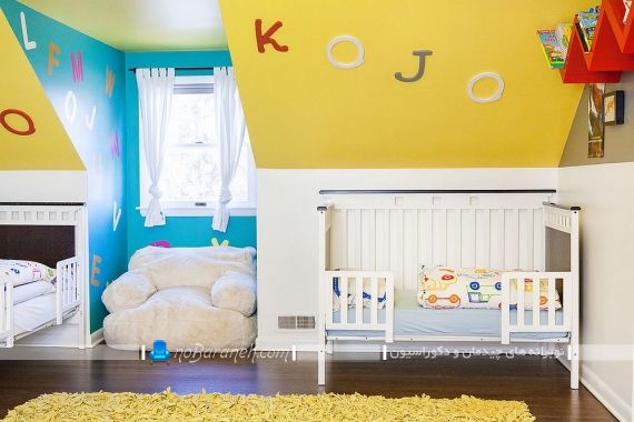 دیزاین اتاق بچه ها با زرد و آبی. رنگ آمیزی اتاق نوزاد با زرد و آبی. دکوراسیون و دیزاین و تزیین شیک اتاق بچه های نوزاد با آبی و زرد
