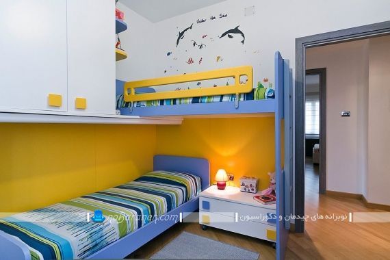 دیزاین شیک اتاق بچه های دوقلو. رنگ آمیزی اتاق کودک به شکل شیک زیبا مدرن با آبی و زرد. طراحی دکوراسیون و دیزاین شیک و جذاب اتاق بچه دختر و پسر با عکس و تصویر