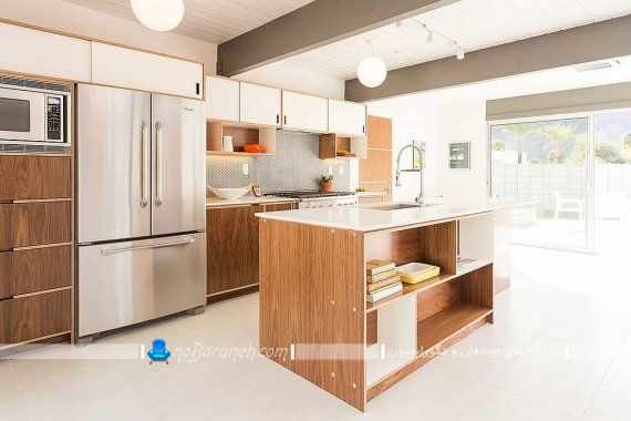 طراحی دکوراسیون چوبی در آشپزخانه. دکوراسیون چوبی آشپزخانه در کنار سفید مدل کابین سفید و قهوه ای طرح چوب شیک مدرن زیبا جدید