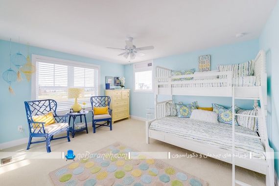 دکوراسیون سلطنتی اتاق کودک با رنگ آبی رنگ اتاق خواب کودک آبی. دکوراسیون شیک مدرن کلاسیک اتاق بچه با رنگ آبی و زرد