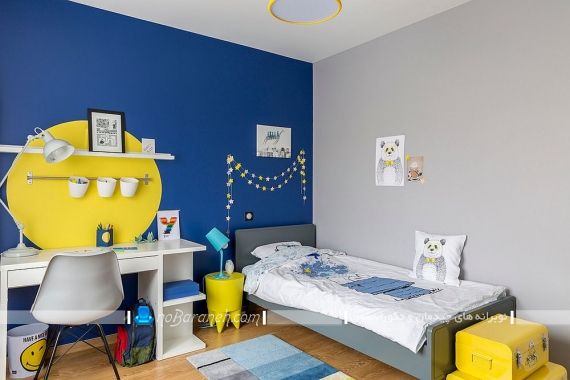 دیزاین شیک و مدرن اتاق کودک با آبی و زرد. دکوراسیون شیک اتاق کودک با رنگ آبی و زرد. مدل های جدید دیزاین اتاق بچه با رنگ های شاد با تصویر و عکس