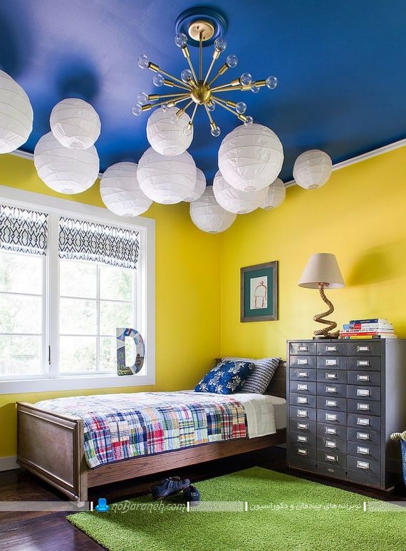 تزیین دیوار و سقف اتاق کودک با زرد و آبی. دیوار زرد رنگ و سقف آبی رنگ اتاق کودک. دکوراسیون اتاق کودک و نوجوان با ترکیب رنگی شیک و زیبا