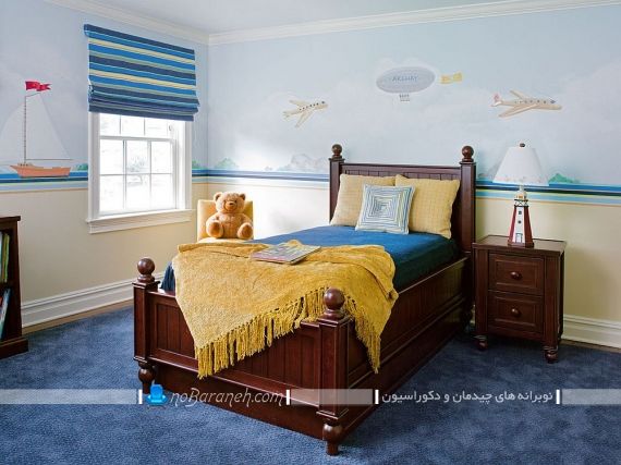 طراحی دکوراسیون کلاسیک اتاق بچه با تخت خواب و تزیینات ارزان قیمت. رنگ اتاق بچه پسر رنگ اتاق بچه گانه رنگ اتاق بچه ابی