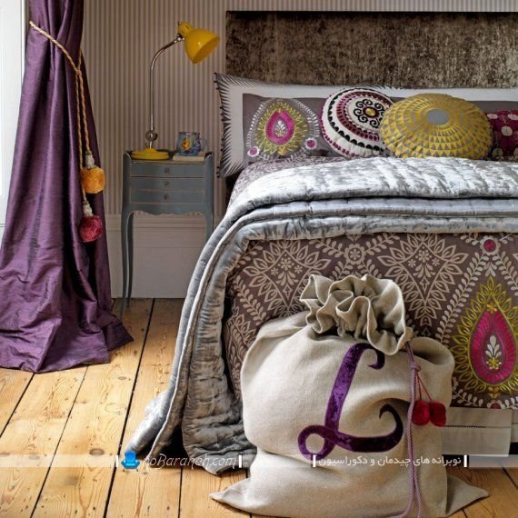 مدل پرده بنفش رنگ ساده و ارزان قیمت برای تزیین اتاق خواب. دکوراسیون سنتی و بوهو اتاق خواب با کمک بنفش