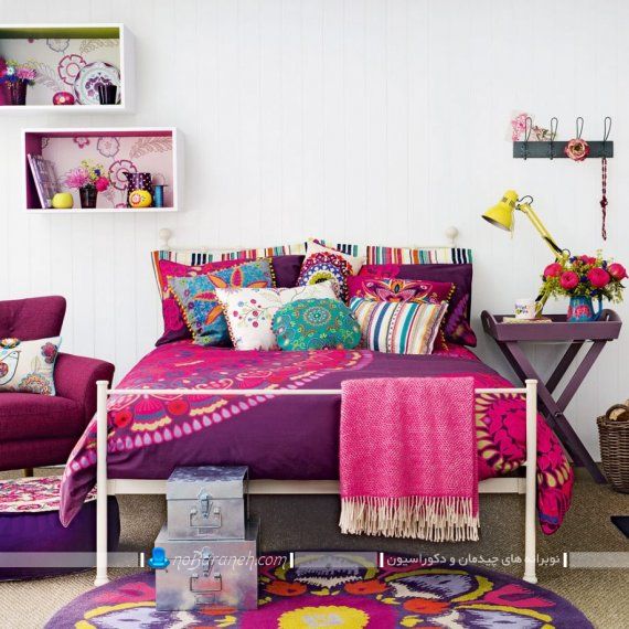 تزیین اتاق خواب با رنگ بنفش و صورتی. دکوراسیون اتاق نوجوانان با رنگ بنفش و صورتی