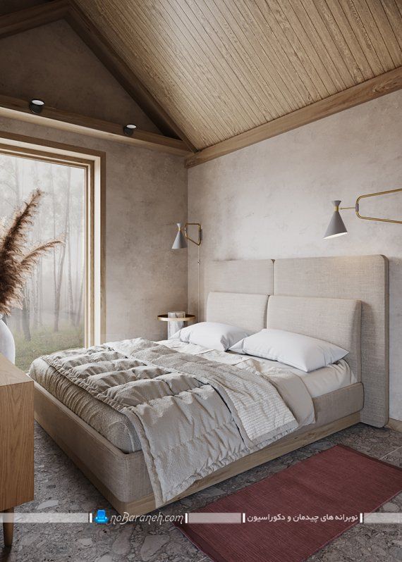 طراحی دکوراسیون اتاق خواب. دکوراسیون شیک اتاق خواب عروس. مدل سرویس خواب مدرن برای اتاق عروس و داماد. سقف چوبی برای دکوراسیون اتاق خواب