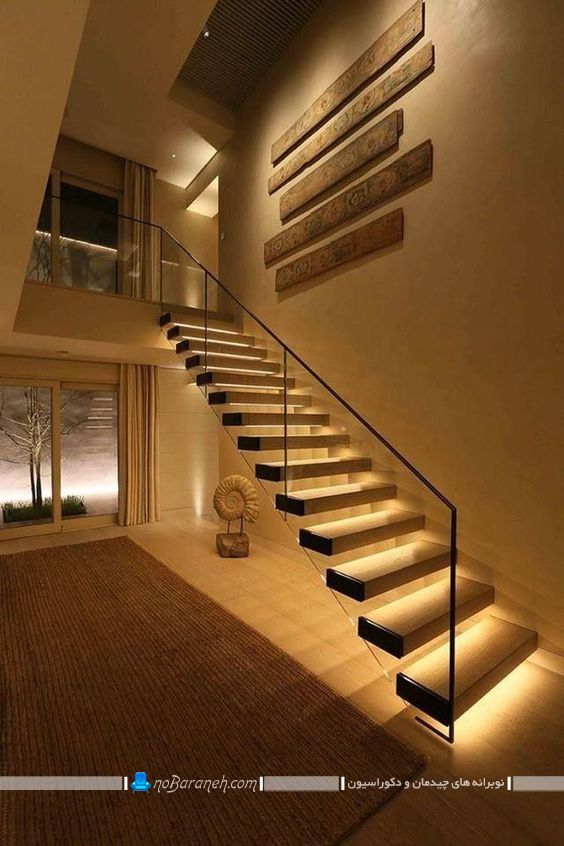 نورپردازی پله های دوبلکس مدرن به شیک ترین و زیباترین شکل ممکن. روشنایی راه پله ساختمان ایده های نصب چراغ روشنایی در راه پله دوبلکس چوبی و شیشه ای در خانه های سلطنتی و آپارتمان های مسکونی