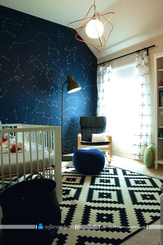 تزیین دیوار اتاق کودک با کاغذ دیواری. مدل جدید کاغذ دیواری آبی رنگ اتاق نوزاد و کودک در مدل های شیک پسرانه مدرن