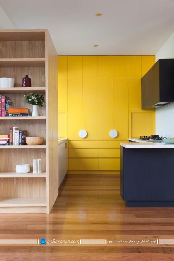 آشپزخانه اپن زرد و سرمه ای با دکوراسیون مدرن شیک فانتزی. جدیدترین مدل کابینت اپن آبی با طراحی شیک زیبا 2019 2020 با عکس.