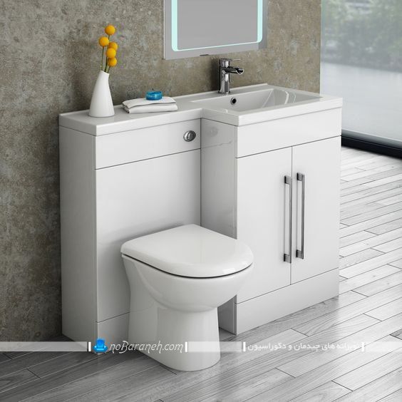 مدل جدید روشویی کابینت دار و توالت فرنگی مدرن شیک کوچک برای سرویس بهداشتی کوچک.