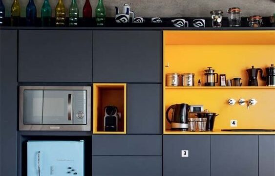 کابینت سرمه ای با دیوارهای زرد در دکوراسیون آشپزخانه