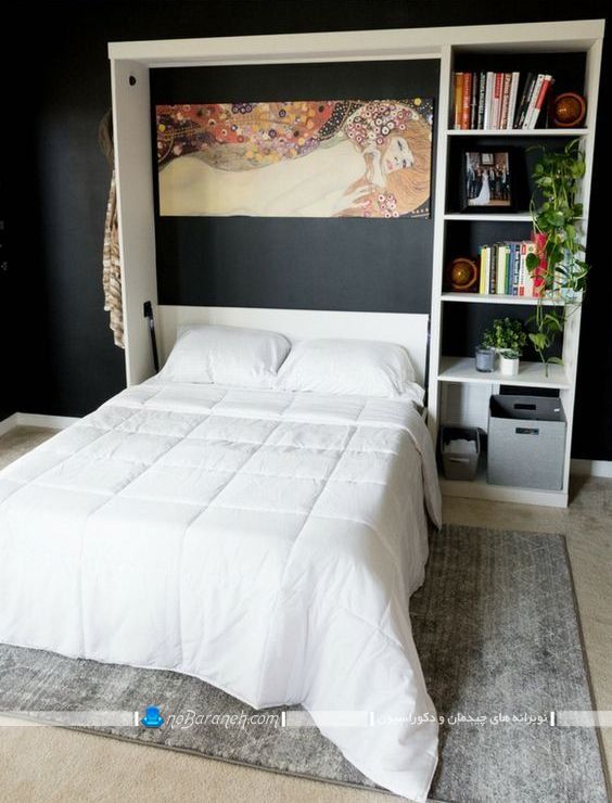 تخت خواب چوبی و تاشو دیواری در مدل جدید مدرن شیک برای اتاق عروس. مبل تخت خوابشو سفید رنگ شیک مدرن.