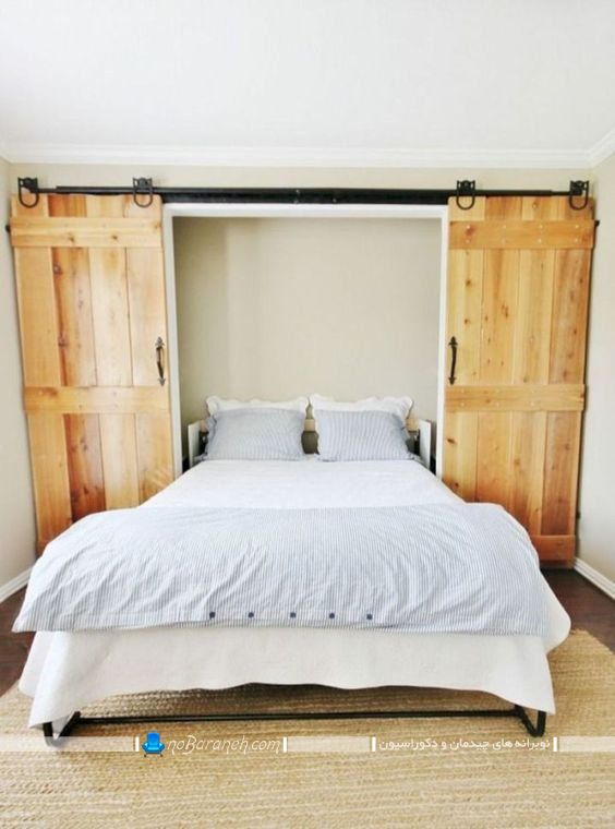 مدل جدید تختخواب تاشو دیواری و ریلی برای اتاق خواب کوچک نقلی با طراحی زیبا و شیک چوبی