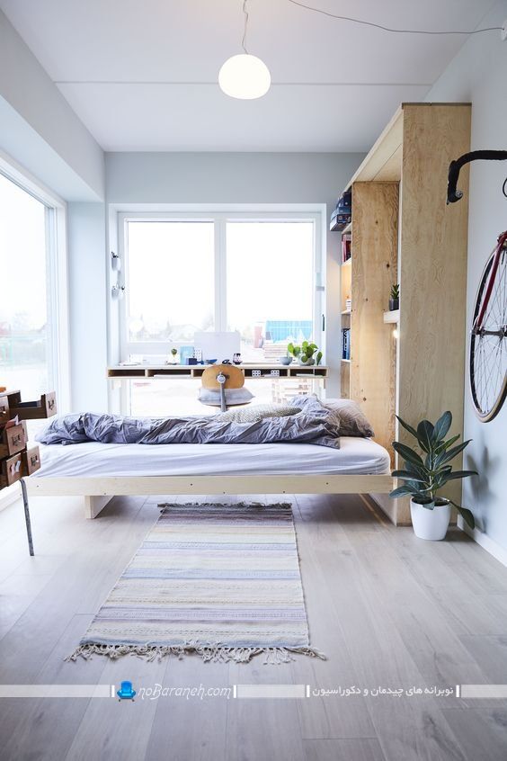 عکس تخت دو نفره تاشو دیواری مدرن شیک چوبی با طرح و مدل جدید ویترین دار.