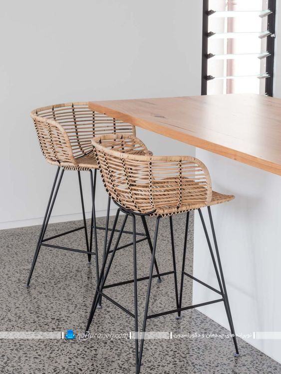 صندلی اپن چوبی فلزی به شکل مبل حصیری تک نفره فانتزی برای میز اپن جزیره. صندلی اپن حصیری و فلزی شیک مدرن فانتزی طرح جدید