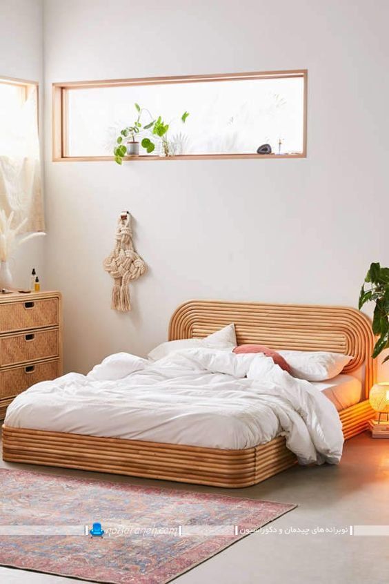عکس مدل تخت خواب چوبی بامبو حصیری روستیک فانتزی برای اتاق عروس با دراور. سرویس خواب مدرن اتاق عروس با چوب بامبو